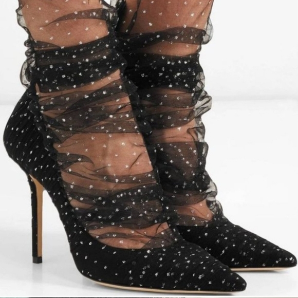 Jimmy Choo Black Gold Glitter Sparkle Tulle Mesh Sock Suede Stiletto Heel EU36.5 - Picture 2 of 12